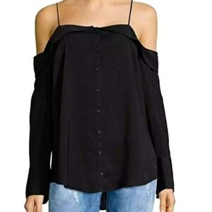 Free People Top Walk This Way Black Cold Shoulder Button Down Blouse Size Small